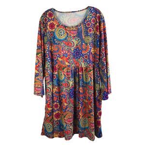 Long Sleeve Dress Womens 2XL Blue Multicolor Paisley Pullover Stretch Bright Fun